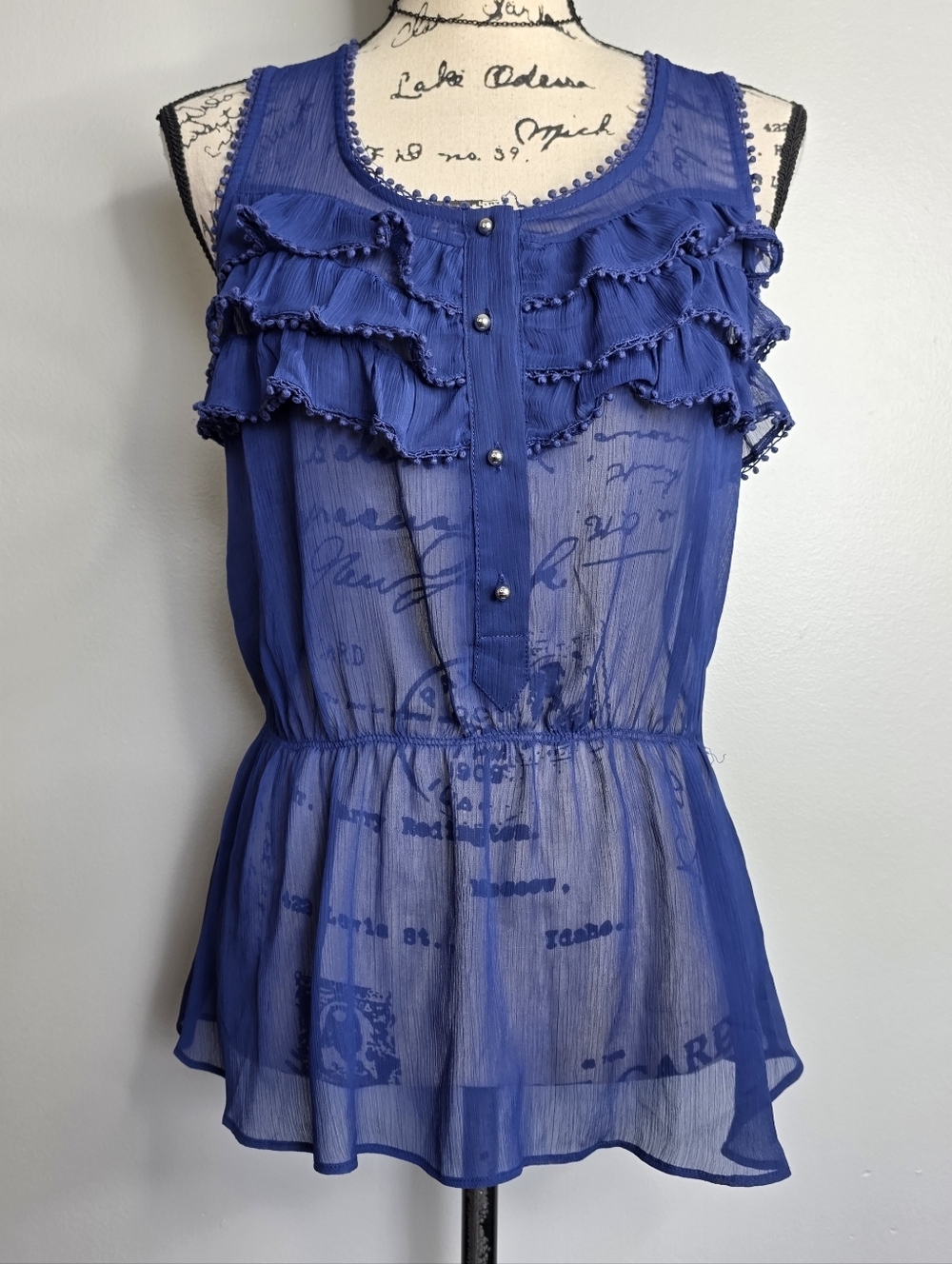 Y2k Express Blue Sheer Ruffle Pom Pom Trim Sleeveless Blouse Size Medium